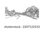 Building view with landmark of Pacific Grove is the 
city in California. Hand drawn sketch illustration in vector.