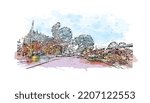Building view with landmark of Pacific Grove is the 
city in California. Watercolor splash with hand drawn sketch illustration in vector.