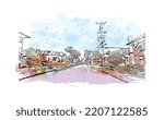 Building view with landmark of Pacific Grove is the 
city in California. Watercolor splash with hand drawn sketch illustration in vector.