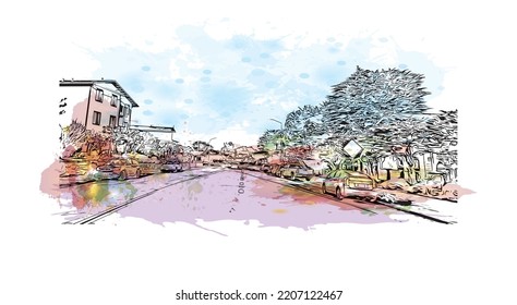 Building view with landmark of Pacific Grove is the 
city in California. Watercolor splash with hand drawn sketch illustration in vector.