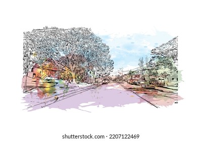 Building view with landmark of Pacific Grove is the 
city in California. Watercolor splash with hand drawn sketch illustration in vector.