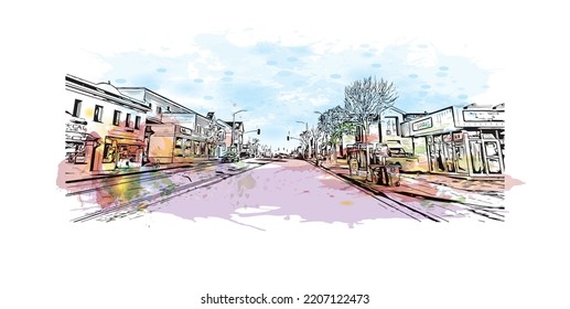 Building view with landmark of Pacific Grove is the 
city in California. Watercolor splash with hand drawn sketch illustration in vector.