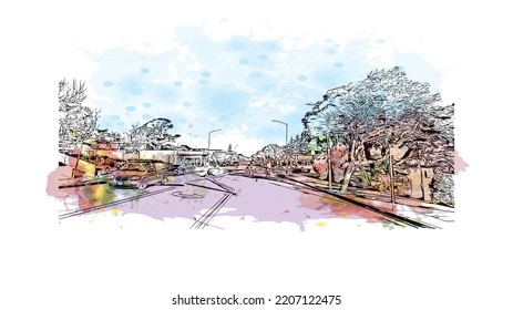 Building view with landmark of Pacific Grove is the 
city in California. Watercolor splash with hand drawn sketch illustration in vector.