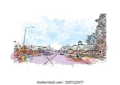 Building view with landmark of Pacific Grove is the 
city in California. Watercolor splash with hand drawn sketch illustration in vector.