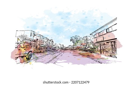 Building view with landmark of Pacific Grove is the 
city in California. Watercolor splash with hand drawn sketch illustration in vector.