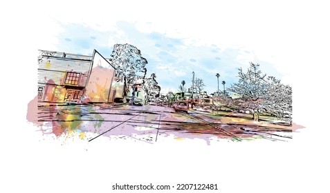 Building view with landmark of Pacific Grove is the 
city in California. Watercolor splash with hand drawn sketch illustration in vector.