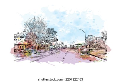 Building view with landmark of Pacific Grove is the 
city in California. Watercolor splash with hand drawn sketch illustration in vector.