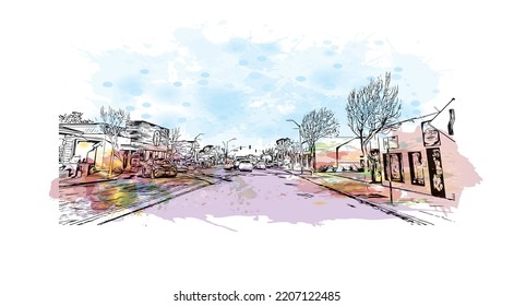 Building view with landmark of Pacific Grove is the 
city in California. Watercolor splash with hand drawn sketch illustration in vector.