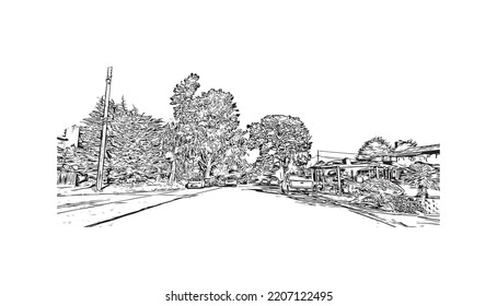 Building view with landmark of Pacific Grove is the 
city in California. Hand drawn sketch illustration in vector.