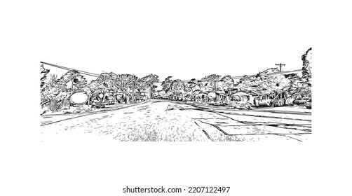 Building view with landmark of Pacific Grove is the 
city in California. Hand drawn sketch illustration in vector.