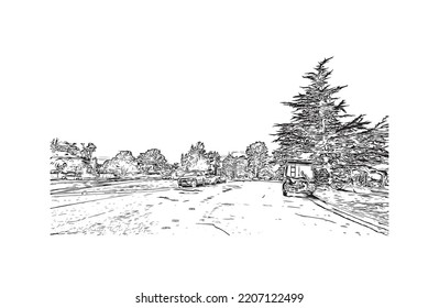 Building view with landmark of Pacific Grove is the 
city in California. Hand drawn sketch illustration in vector.