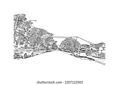 Building view with landmark of Pacific Grove is the 
city in California. Hand drawn sketch illustration in vector.