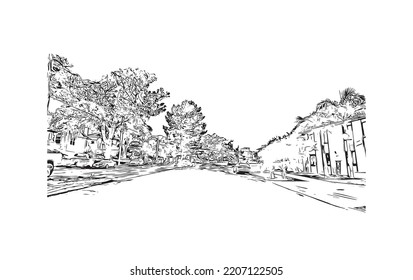 Building view with landmark of Pacific Grove is the 
city in California. Hand drawn sketch illustration in vector.