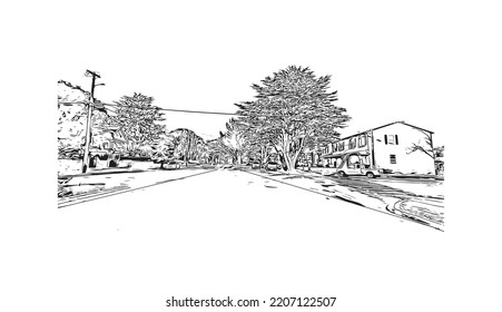 Building view with landmark of Pacific Grove is the 
city in California. Hand drawn sketch illustration in vector.