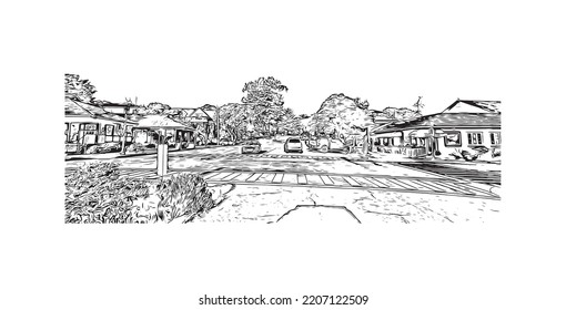 Building view with landmark of Pacific Grove is the 
city in California. Hand drawn sketch illustration in vector.