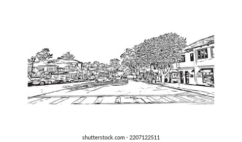 Building view with landmark of Pacific Grove is the 
city in California. Hand drawn sketch illustration in vector.