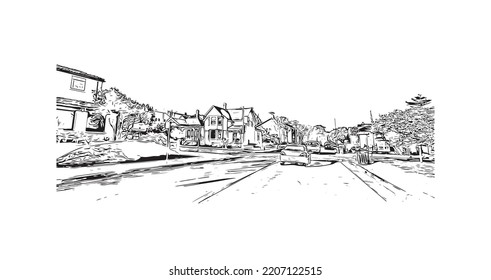 Building view with landmark of Pacific Grove is the 
city in California. Hand drawn sketch illustration in vector.