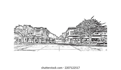 Building view with landmark of Pacific Grove is the 
city in California. Hand drawn sketch illustration in vector.