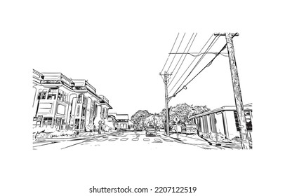 Building view with landmark of Pacific Grove is the 
city in California. Hand drawn sketch illustration in vector.