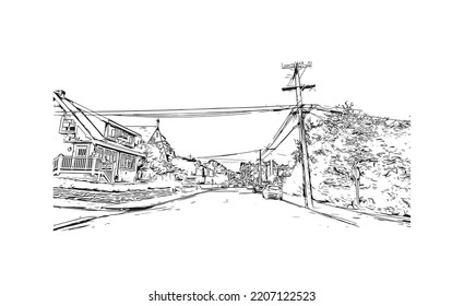 Building view with landmark of Pacific Grove is the 
city in California. Hand drawn sketch illustration in vector.