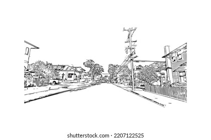 Building view with landmark of Pacific Grove is the 
city in California. Hand drawn sketch illustration in vector.