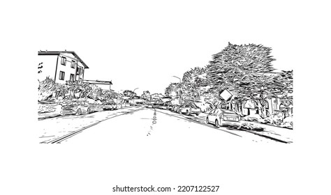 Building view with landmark of Pacific Grove is the 
city in California. Hand drawn sketch illustration in vector.