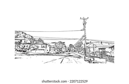 Building view with landmark of Pacific Grove is the 
city in California. Hand drawn sketch illustration in vector.