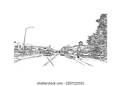 Building view with landmark of Pacific Grove is the 
city in California. Hand drawn sketch illustration in vector.