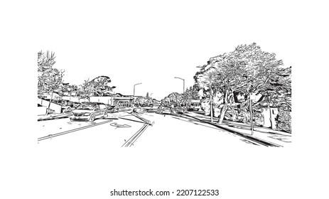 Building view with landmark of Pacific Grove is the 
city in California. Hand drawn sketch illustration in vector.