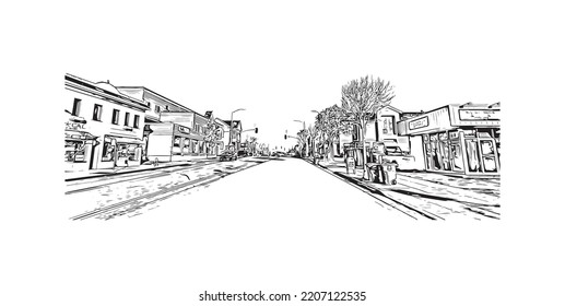 Building view with landmark of Pacific Grove is the 
city in California. Hand drawn sketch illustration in vector.