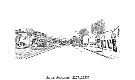 Building view with landmark of Pacific Grove is the 
city in California. Hand drawn sketch illustration in vector.