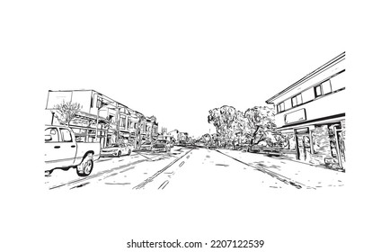 Building view with landmark of Pacific Grove is the 
city in California. Hand drawn sketch illustration in vector.