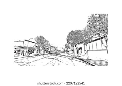 Building view with landmark of Pacific Grove is the 
city in California. Hand drawn sketch illustration in vector.