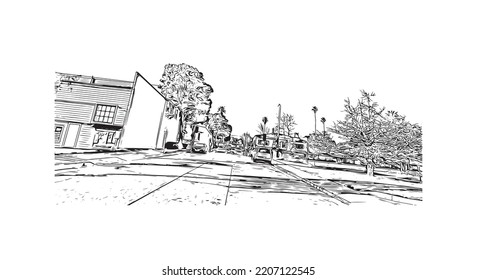 Building view with landmark of Pacific Grove is the 
city in California. Hand drawn sketch illustration in vector.