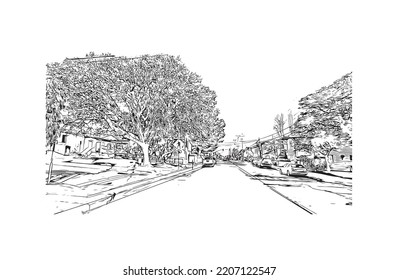 Building view with landmark of Pacific Grove is the 
city in California. Hand drawn sketch illustration in vector.