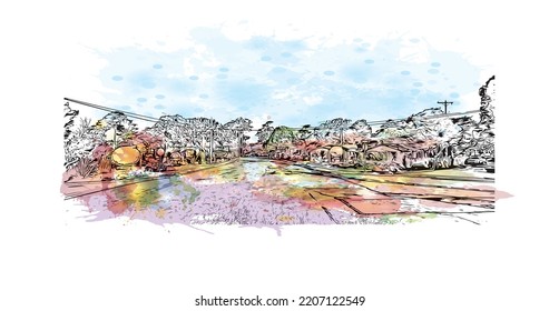 Building view with landmark of Pacific Grove is the 
city in California. Watercolor splash with hand drawn sketch illustration in vector.