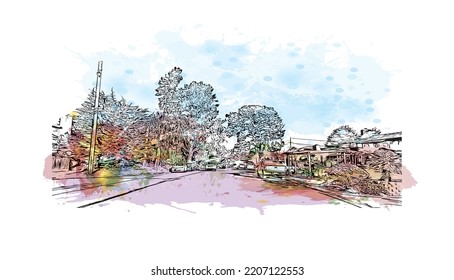 Building view with landmark of Pacific Grove is the 
city in California. Watercolor splash with hand drawn sketch illustration in vector.