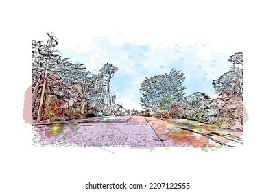 Building view with landmark of Pacific Grove is the 
city in California. Watercolor splash with hand drawn sketch illustration in vector.