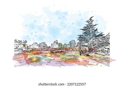 Building view with landmark of Pacific Grove is the 
city in California. Watercolor splash with hand drawn sketch illustration in vector.