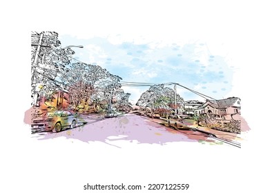 Building view with landmark of Pacific Grove is the 
city in California. Watercolor splash with hand drawn sketch illustration in vector.