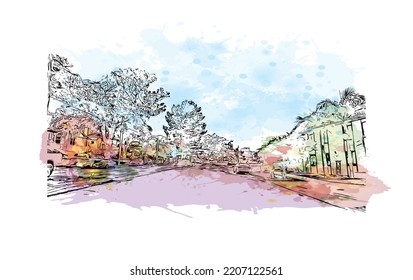 Building view with landmark of Pacific Grove is the 
city in California. Watercolor splash with hand drawn sketch illustration in vector.