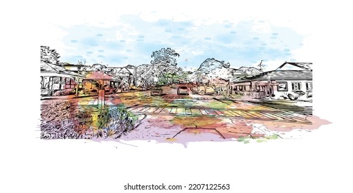 Building view with landmark of Pacific Grove is the 
city in California. Watercolor splash with hand drawn sketch illustration in vector.