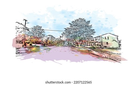 Building view with landmark of Pacific Grove is the 
city in California. Watercolor splash with hand drawn sketch illustration in vector.