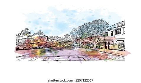 Building view with landmark of Pacific Grove is the 
city in California. Watercolor splash with hand drawn sketch illustration in vector.