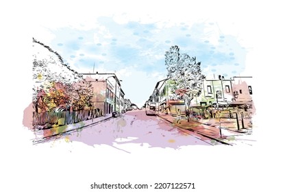 Building view with landmark of Pacific Grove is the 
city in California. Watercolor splash with hand drawn sketch illustration in vector.