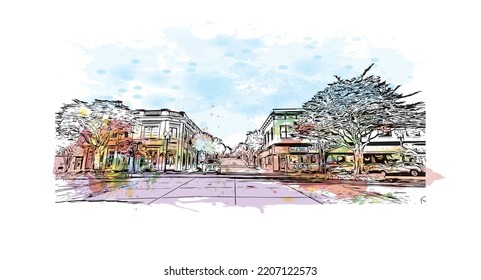 Building view with landmark of Pacific Grove is the 
city in California. Watercolor splash with hand drawn sketch illustration in vector.