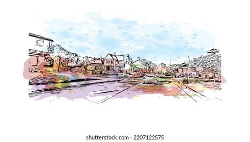 Building view with landmark of Pacific Grove is the 
city in California. Watercolor splash with hand drawn sketch illustration in vector.