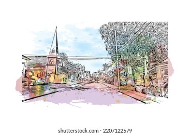 Building view with landmark of Pacific Grove is the 
city in California. Watercolor splash with hand drawn sketch illustration in vector.