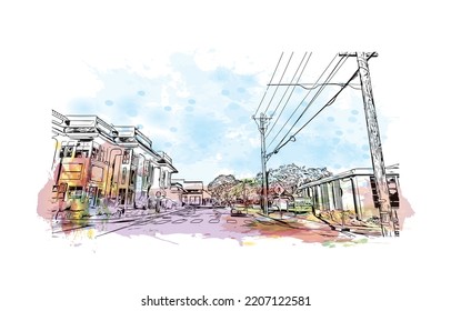 Building view with landmark of Pacific Grove is the 
city in California. Watercolor splash with hand drawn sketch illustration in vector.