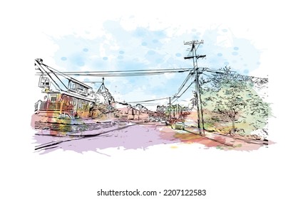 Building view with landmark of Pacific Grove is the 
city in California. Watercolor splash with hand drawn sketch illustration in vector.